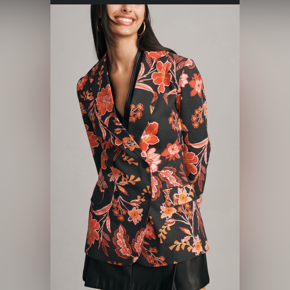 Anthropologie‎ Dolan printed linen blazer floral medium black red orange